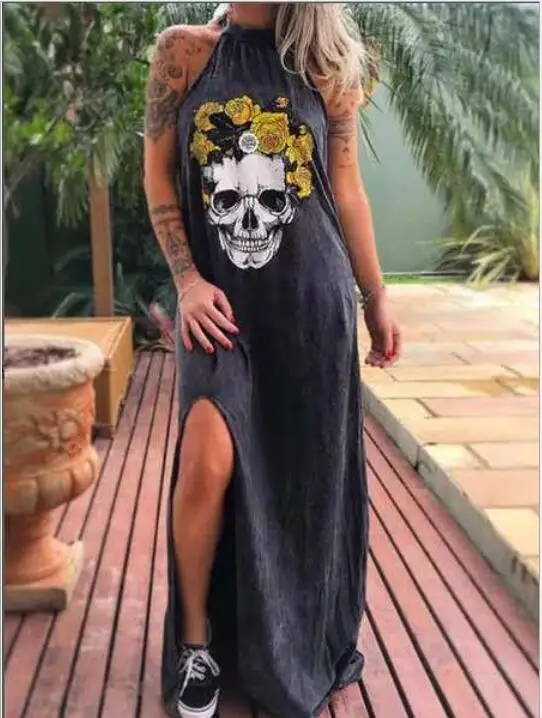 

New Casual Cotton Dress Women High Waist Hip Straight Long Vestidos Halter Pullover Sleeveless Dresses Wild Ropa