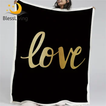 BlessLiving Black and Gold Love Blanket Modern Chic Sherpa Flannel Fleece Blanket Luxurious and Romantic Couples Bed Couch manta 1