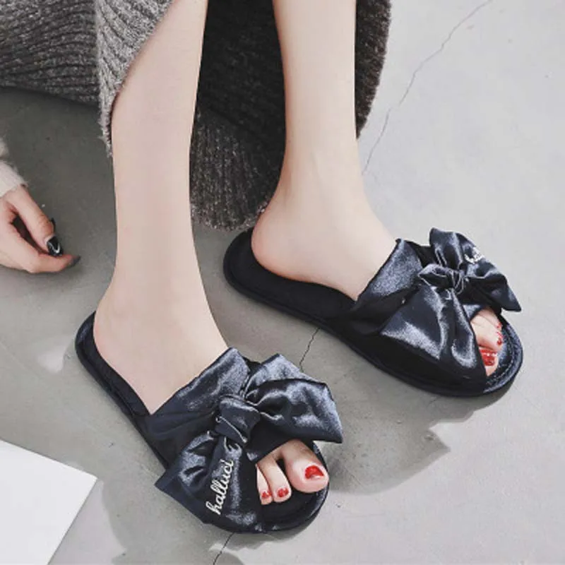 Autumn new products big bow silky waterproof non-slip rubber sole indoor home slippers women