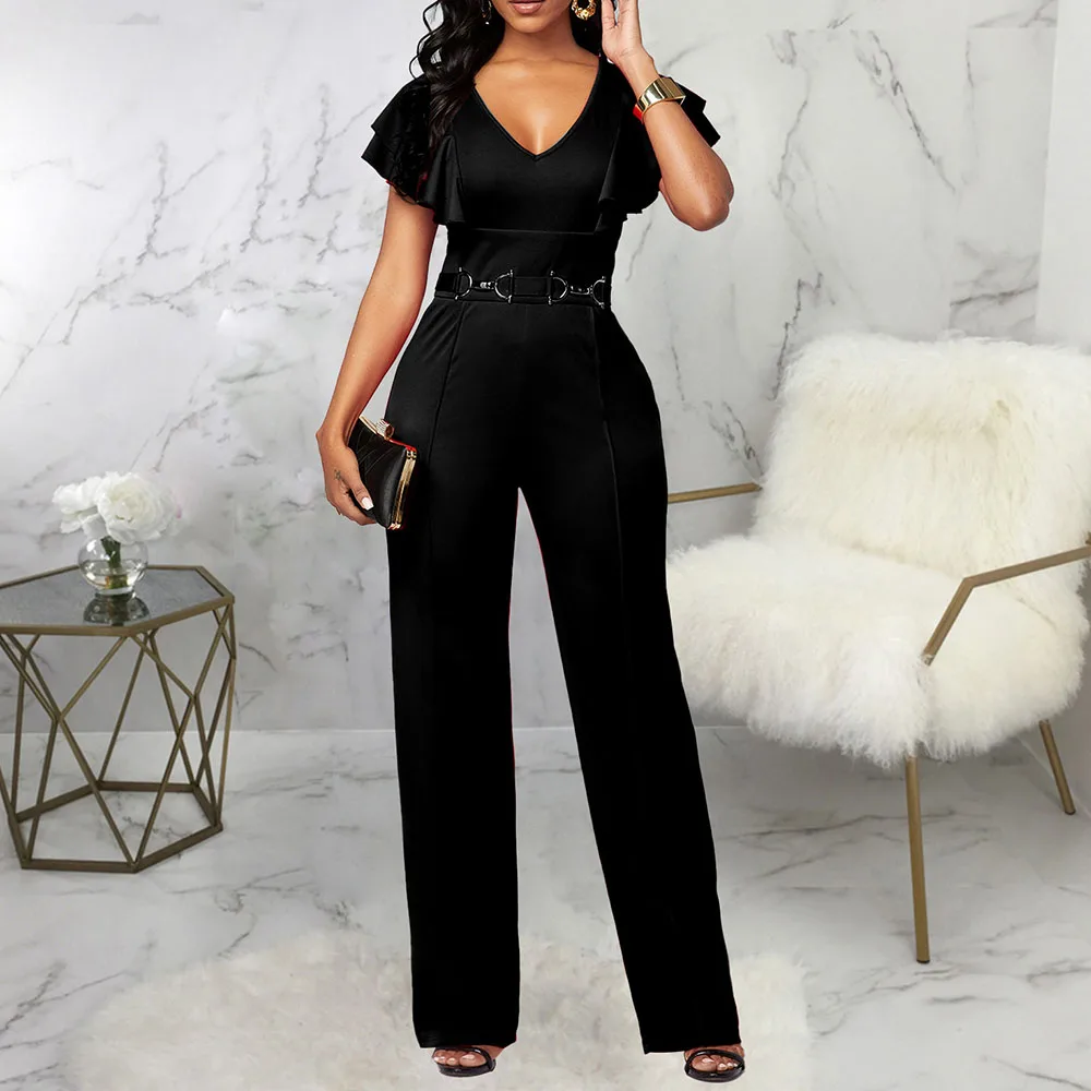

2021 Sexy Elegant Black Jumpsuits Summer New Plunging Neck Ruffle Collar Temperament V-neck High Waist Popular