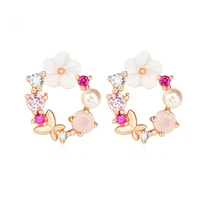 new korean fashion sweet flower stud earrings gold plated bowknot zircon pearl stud earrings elegant girl party jewelry