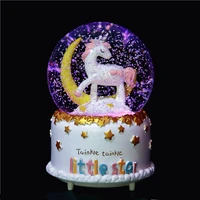 creative student home decoration moon magic white horse crystal ball rotating snow water polo music box with lights