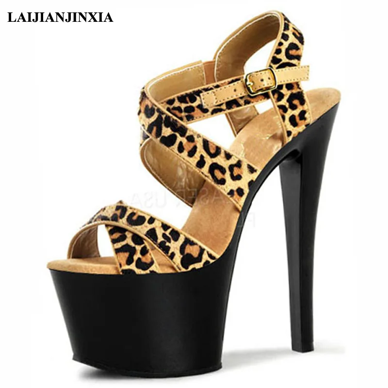 New Exotic dancing shoes with leopard print heels and 17cm pole dancing sandals for summer women