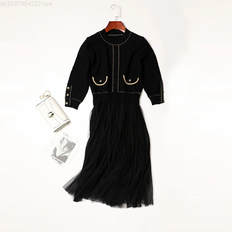 

Temperament celebrity autumn dress women's 2021 new blue knitting fake two piece mesh Dress Medium Length Skirt