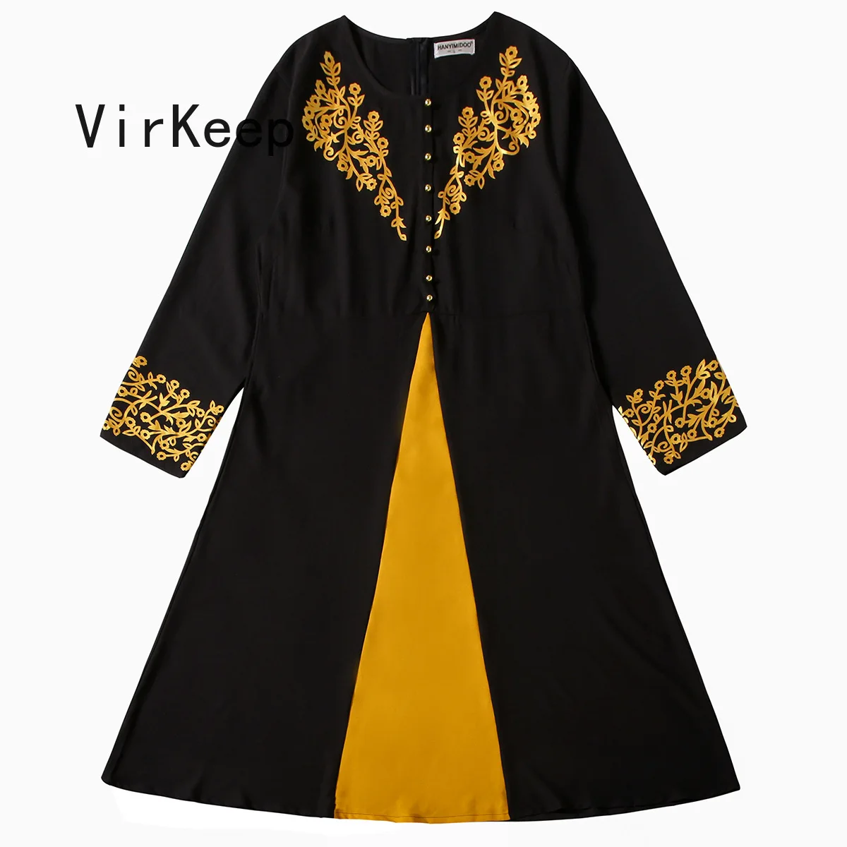 

women linen splicing maxi dress full sleeve robe Female gloden stamping loose gown lady garment plus size muslim abaya VKDR2481