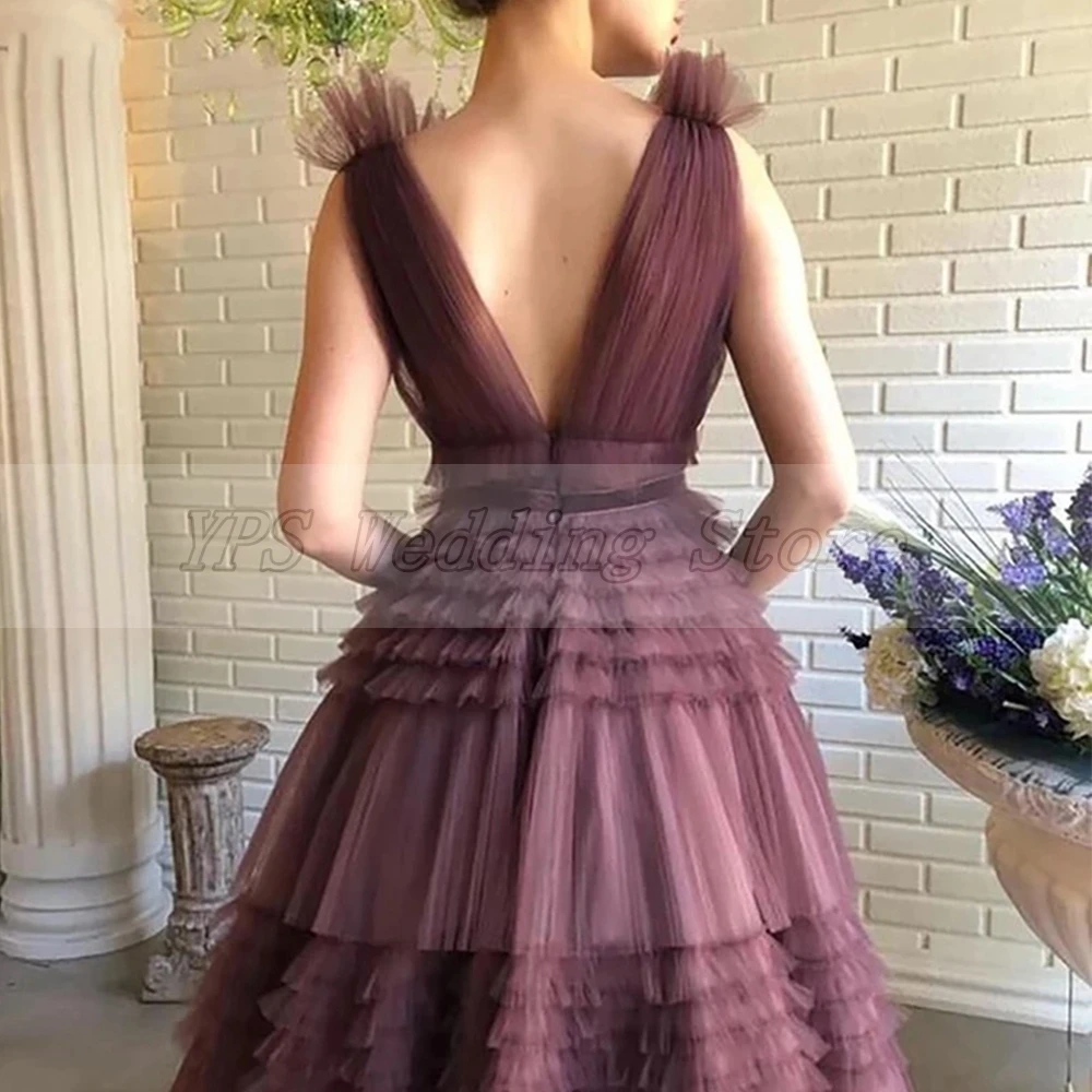 

Elegant A-Line EveningDresses 2021 V-Neck Pleat Ruched Floor Length Tulle Backless Long Party Prom Gowns For Women