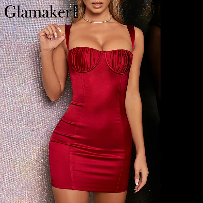 Женское облегающее платье мини Glamaker красное базовое элегантное Плиссированное