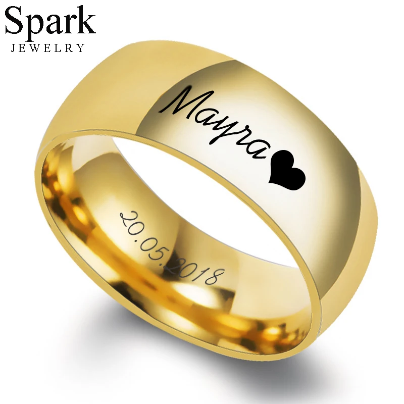 Мужские и женские обручальные кольца Spark 316L из титановой стали, индивидуальное гравирование, кольца для влюбленных, 8 мм, Золотое стальное ко...