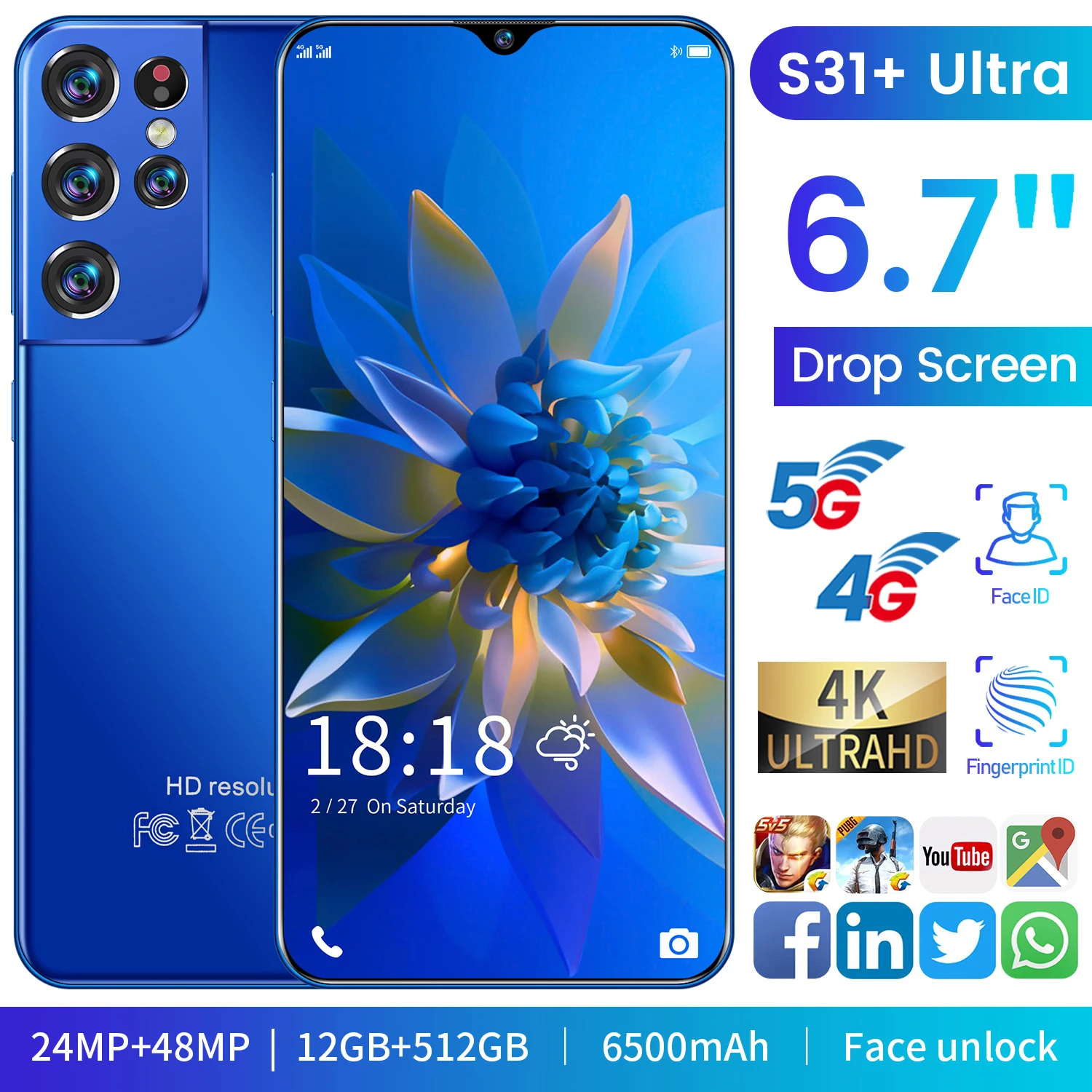 

Global Version S31+ Ultra 6.7inch Smartphone Android 11 12+512GB 24+48MP Face ID Fingerprint Unlock GPS 4G 5G Network Cellphone