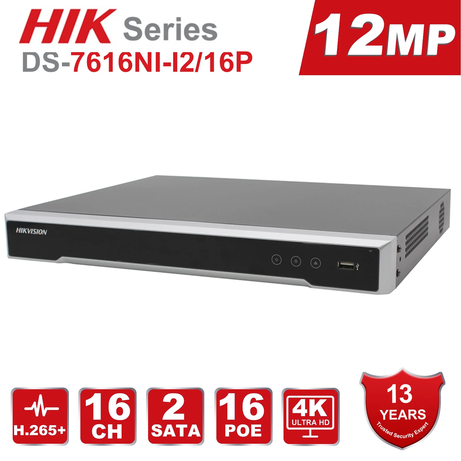 Видеорегистратор Hikvision 4K 12MP 16CH DS 7616NI I2/16 P H.265 + POE NVR 2SATA 16 порты и разъёмы HDMI