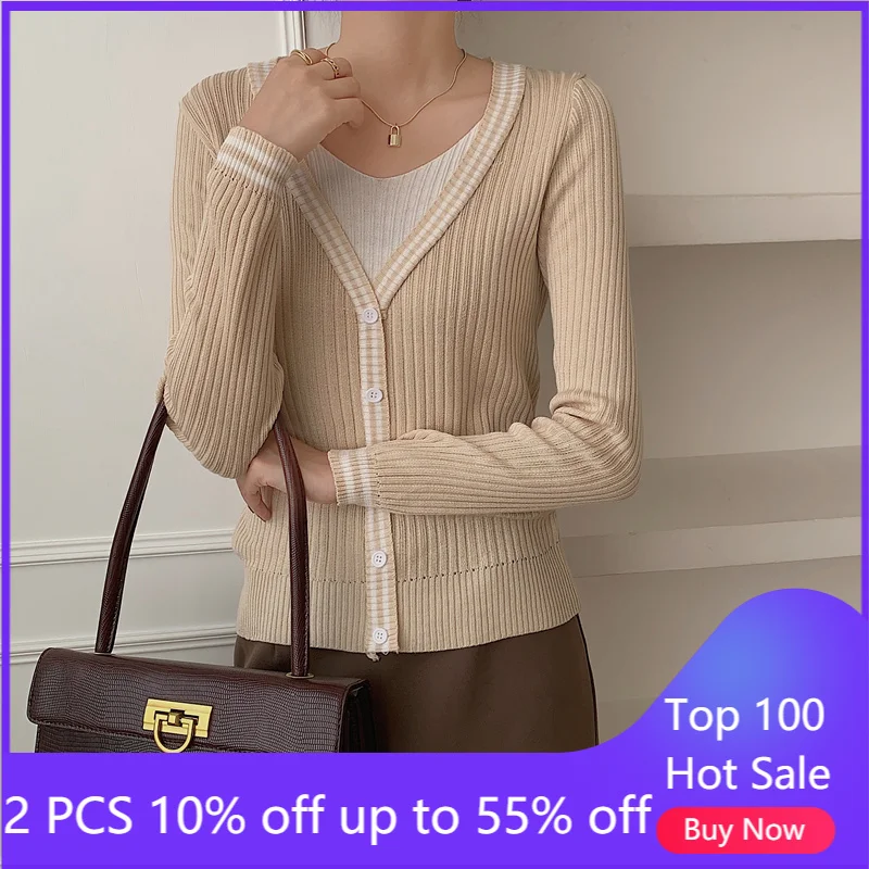 

Кардиган женский осенне-весенний, 2021, тонкий, элегантный, с V-образным вырезом, приталенный, вязаный, Повседневный свитер, пальто, женская оде...
