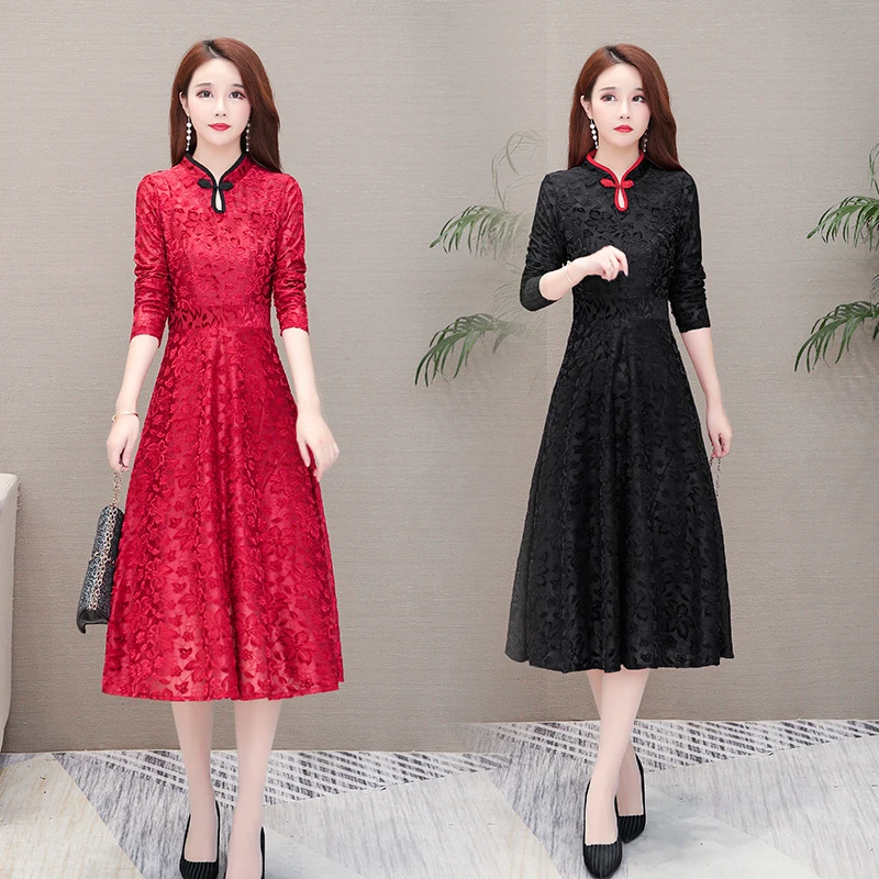 Кружевное платье средней длины для мамы и невесты винтажное Чонсам А силуэта