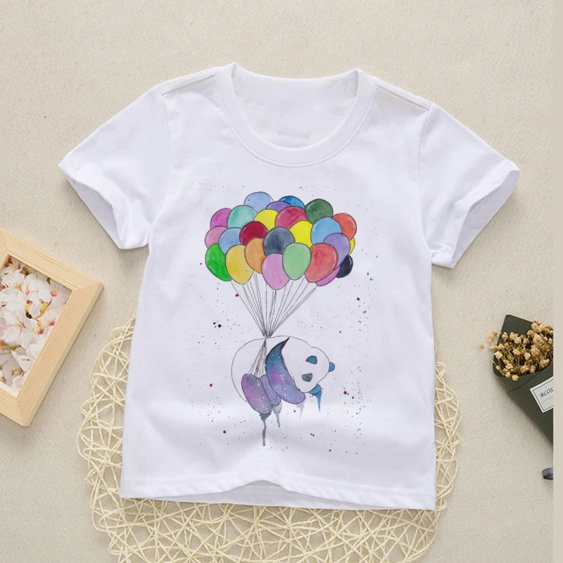 

Летняя футболка для девочек с изображением слона, воздушных шаров, белая футболка с коротким рукавом для мальчиков, топ, детская одежда с му...