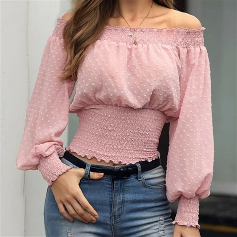 

Spring Summer Sexy Off Shoulder Pink Blouses Women Tops Casual Puff Sleeve Shirt Elegant Ladies Bandage Tops