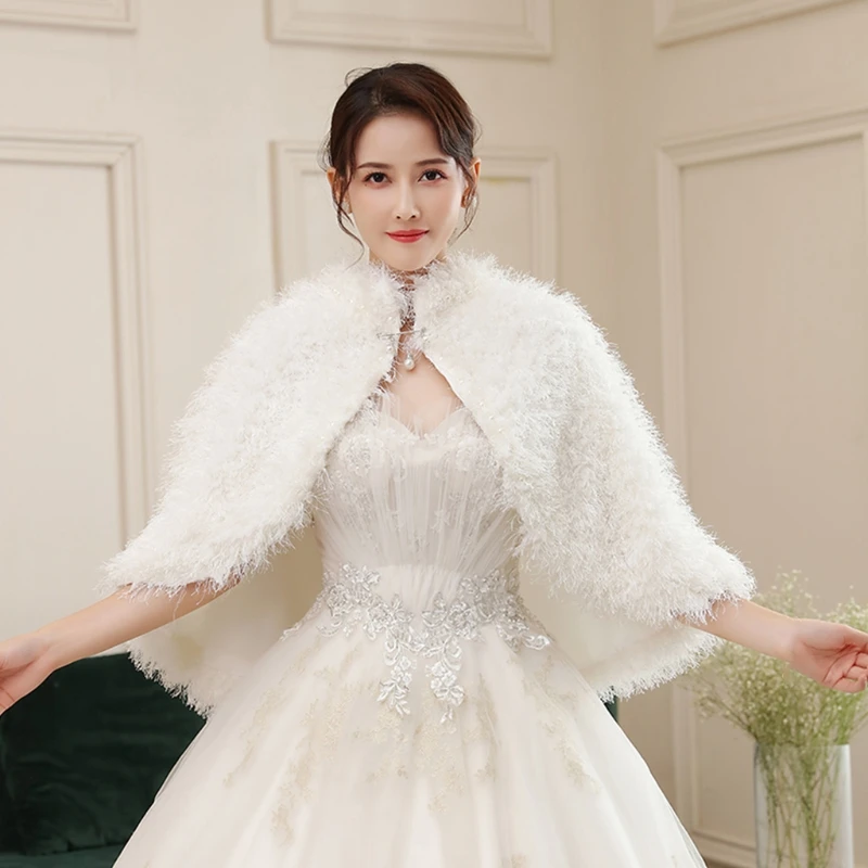 

Winter Wedding Fluffy Plush Shrug Shawl Wrap Faux Pearl Beading Warm Stole Cape M5TE