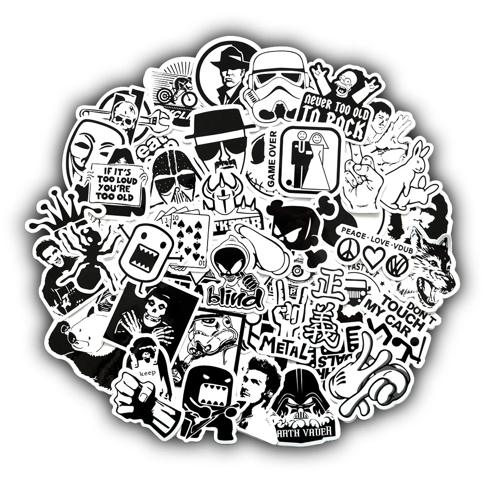 

50 PCs Black and White Stickers Pack for Kids Laptop Skateboard Bicycle Motorcycle Cool Punk JDM Car Styles Sticker Bomb Decals