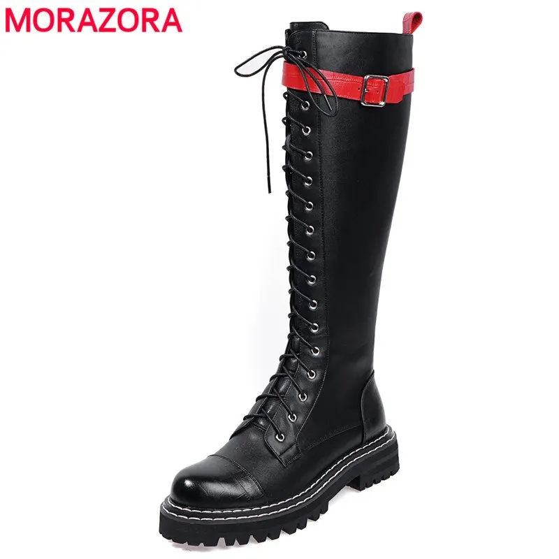 Женские сапоги на платформе MORAZORA черные до колена из натуральной кожи в стиле