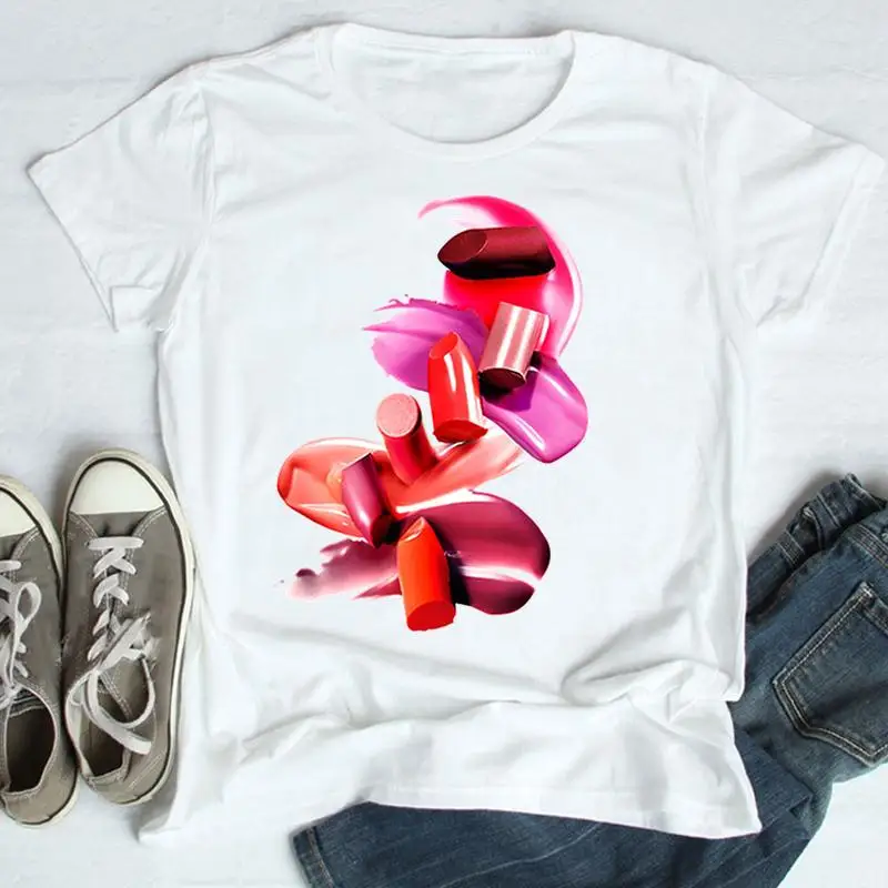

Tees Women Make Up New Lovely Summer Printing Graphic Cartoon Print Female Clothes Short Sleeve Tops Tshirt Fashion T-Shirt