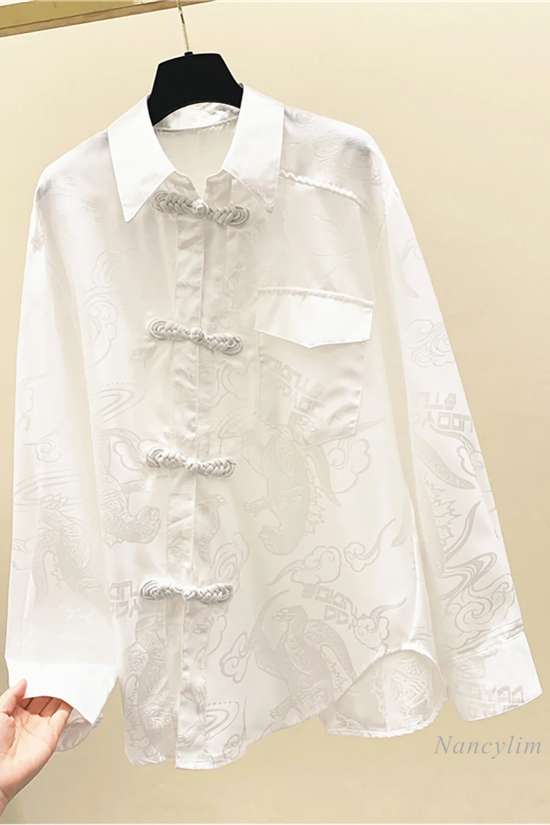 

Irregular Buckle Jacquard Retro Long Sleeve White Shirt Women's 2021 Spring Autumn New Loose Blouses Lady Top Nancylim