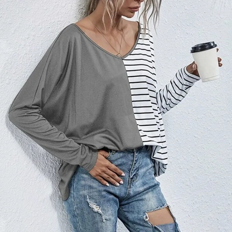

Foreign Trade Cross-Border V-Leader Stripe Stitching Contrast Color Casual T-Shirt European And American