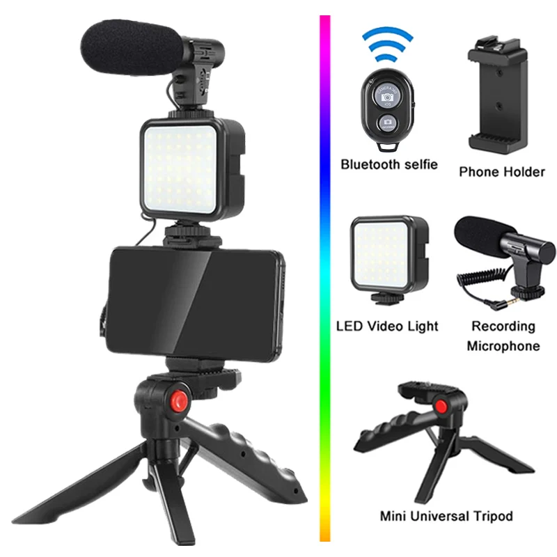 Soporte para teléfono, iluminación de fotografía, Kit de vídeo para Smartphone, micrófono LED, trípode para Selfie, mango de grabación, soporte estabilizador portátil