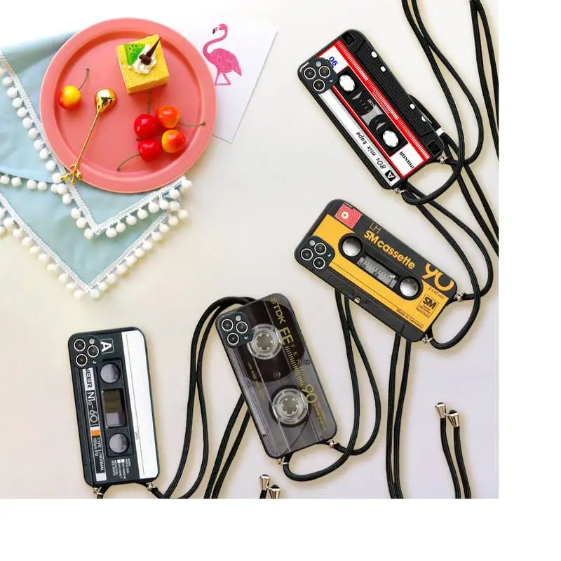 

Retro tape pattern Phone Case For iPhone 7 8 11 12 X XS XR MINI Pro Max Plus Strap Cord Chain Lanyard soft