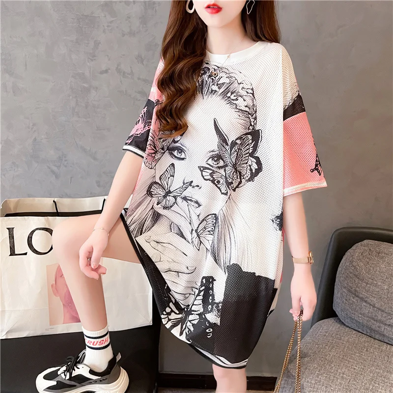

#4237 Summer T Shirt Dress Women Short Sleeves Korean Style Quick-dry Women T-shirt Dress Oversized Hollow Out Mini Dress Ladies
