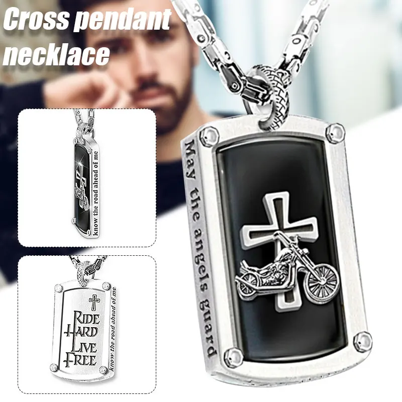 

Biker's Blessing Engraved Pendant Necklace for Men Cross Pendant Neck Chain Jewelry Gift jlrr