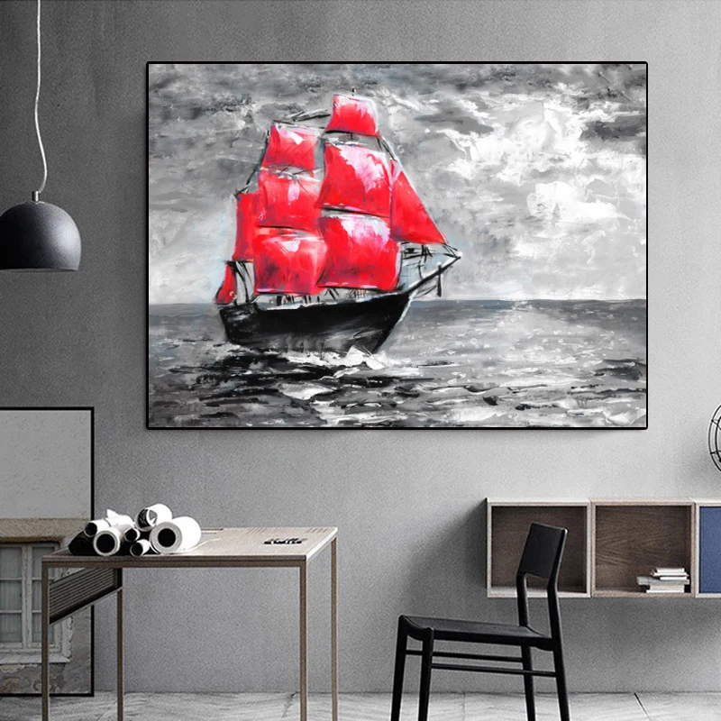 Картина маслом абстрактный пейзаж океан и корабль на холсте винтажное искусство