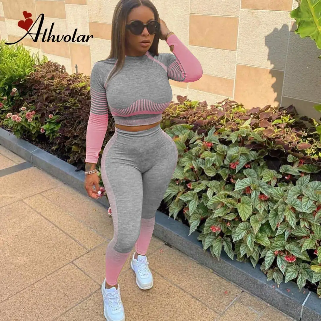 

ATHVOTAR Women Stripe Workout Set Seamless Yoga Set Gym Clothes 2 Piece Set Fitness Pant Sports Top Tracksuit Women