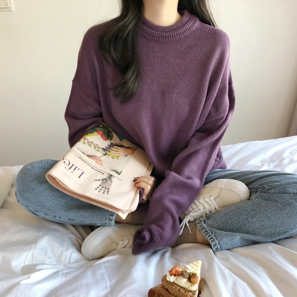 Женские свитера фиолетового цвета повседневные теплые в европейском стиле
