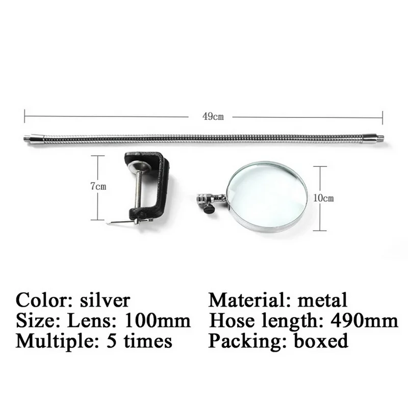 

5X LED Illuminating Magnifier Metal Hose Magnifying Glass Table Reading Lamp With Clamp Adjustable Gooseneck Magnifying