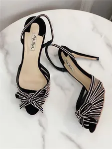 Free shipping fashion women shoes black suede bow crystal strappy peep toe slingback high heels sandals 12cm 10cm