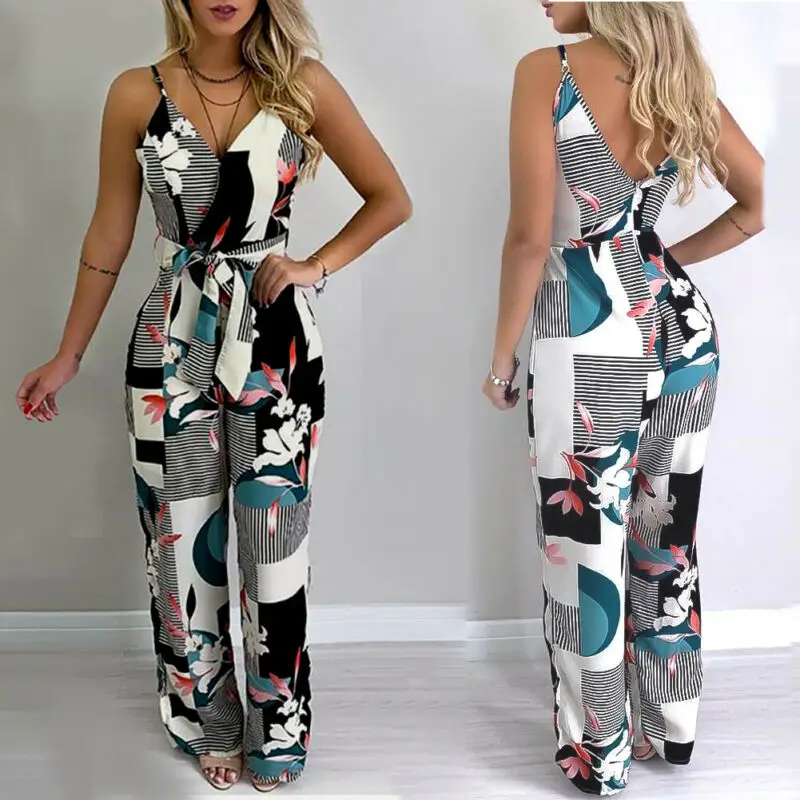 

Women Sexy V-Neck Striped Geometric Printed Jumpsuit Female Sleeveless Bandage Loose Long Jumpsuits Summer Casual Clothes