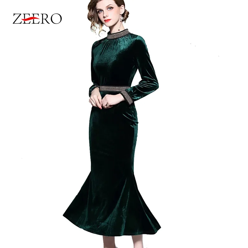 Женское бархатное платье Русалка ZEERO зимнее средней длины с длинным рукавом и