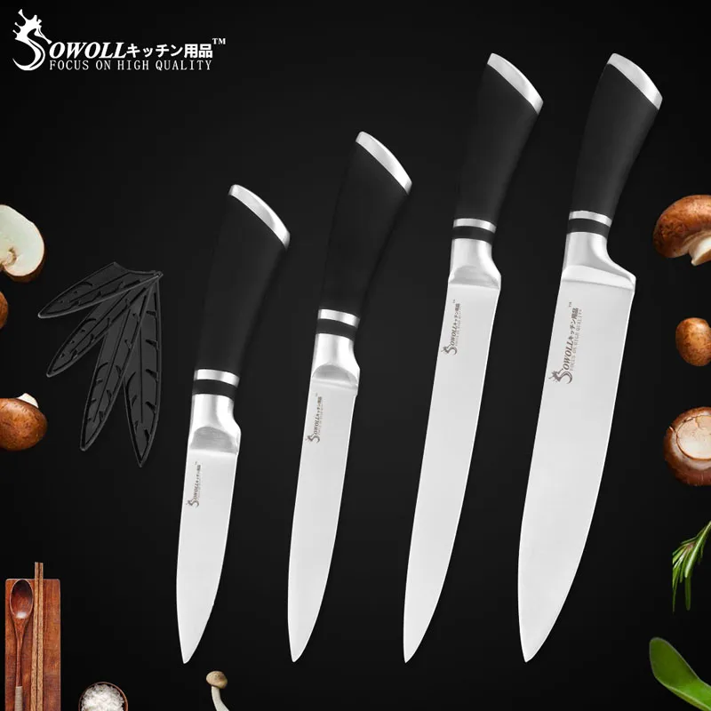 4 Pcs Knives Set A Набор кухонных ножей Sowoll, 6 шт., хорошее качество, экономичный набор ножей из нержавеющей стали, нож для нарезки хлеба, нож для фруктов Santoku - Цвет: 4 Pcs Knives Set A