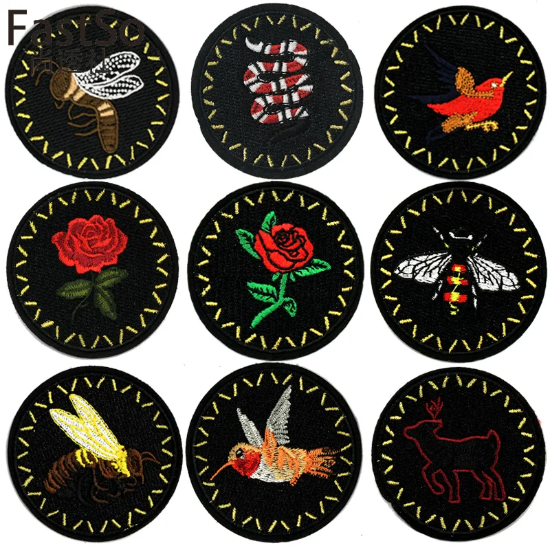 Круглые тканевые наклейки с железным значком черные цветочной вышивкой в стиле