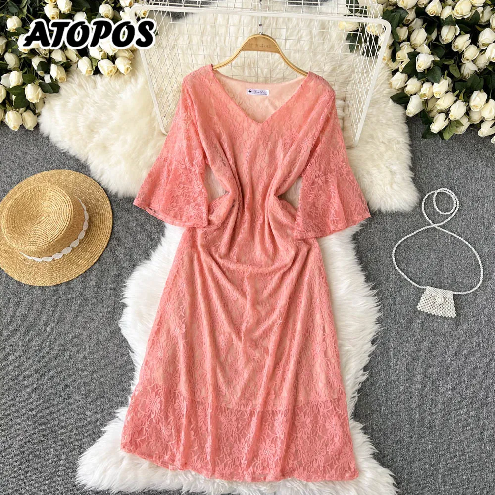 

Atopos Sexy Lace Women Summer Dress V Neck Flare Sleeve A Line Dresses Fashion Loose Vestidos Elegant Female Robe New Year 2022