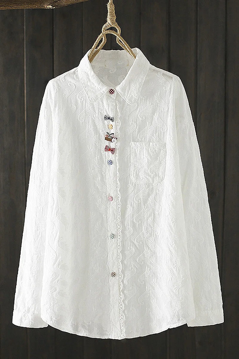 

2021 trend fashion women shirt long sleeve single breasted top artistic style embroidered cotton shirt tops