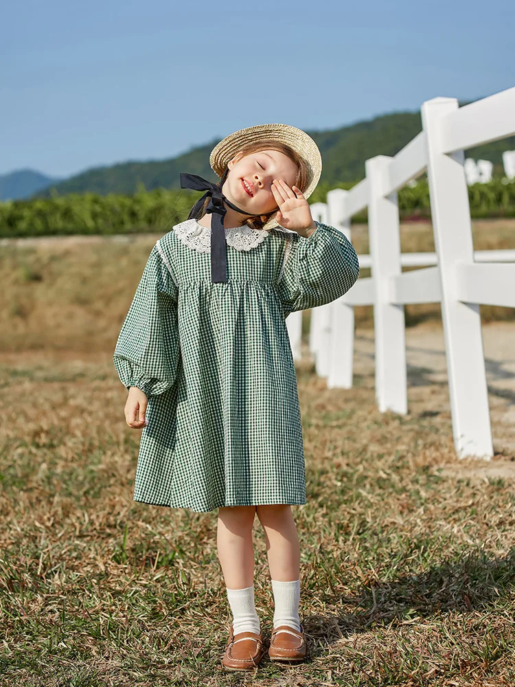 

Spring Little Princess Dress For 2 4 6 8 10 Years Old Girls Plaid Print Loose Hem Mid Length Gowns Children Casual Party Dresses
