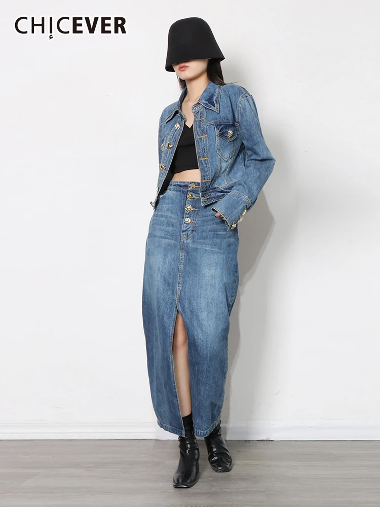 

CHICEVER Джинсовый комплект из двух предметов, женские топы с отложным воротником и длинными рукавами, прямые юбки миди с высокой талией, одното...