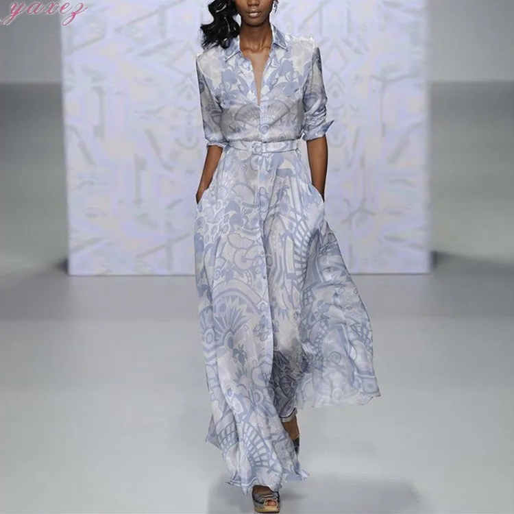 

Beach Tunic Dresses Summer Dress High Waist Flower Print Long Sleeve Long Dress Fashion Casual Vestiods A-Line Knee-Length