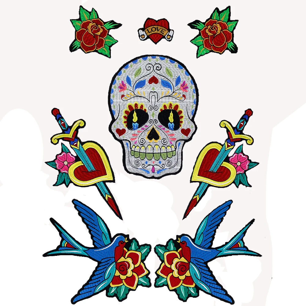 Большие нашивки с птицами цветами мечом сердцем черепом аппликация наклейки