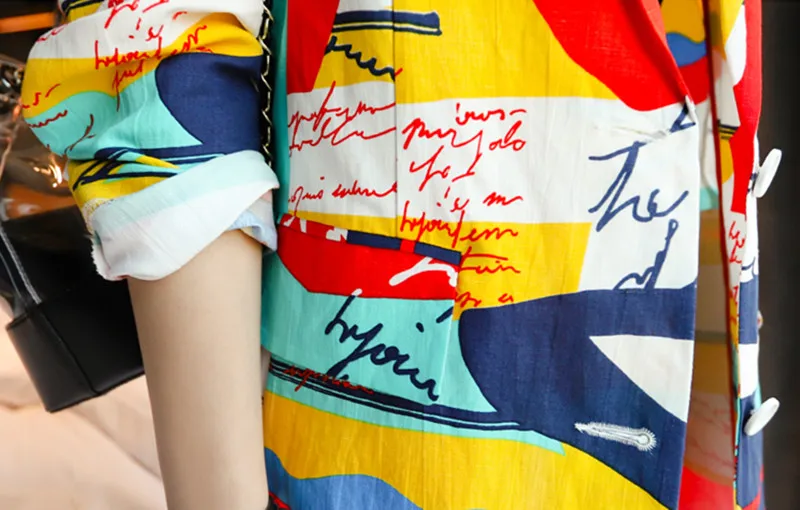 2023 New Spring Thin Coat Women Elegant OL Business Office Clothes Fashion Colorful Block Print Long Sleeves Slim Coat Outwear