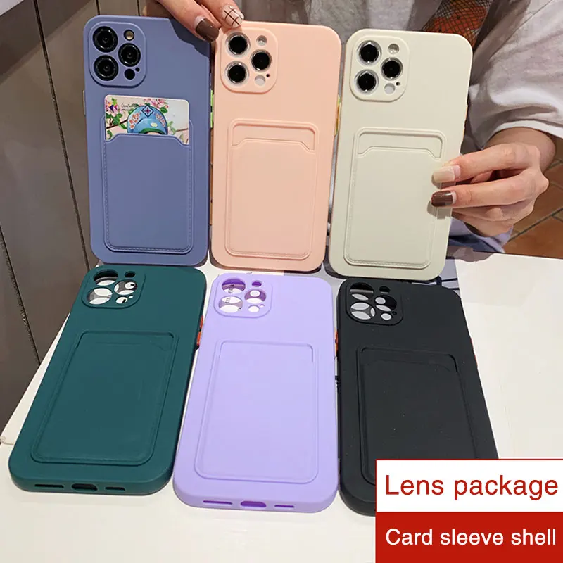Liquid Card Strap Silicone Phone Case For Apple iphone 12 11 13 Pro XS Max X XR 7 8 Plus Wallet Bag Lens Protection Back Cover