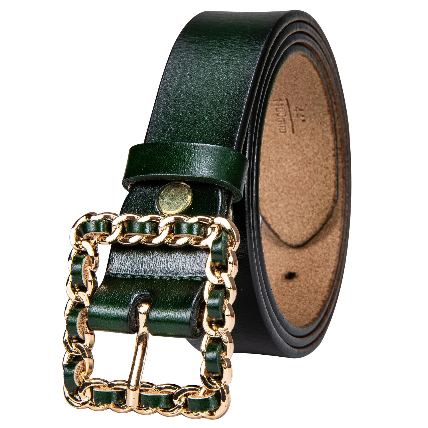 Ремень женский с зеленой пряжкой золотистый квадратный для джинсов|Женские