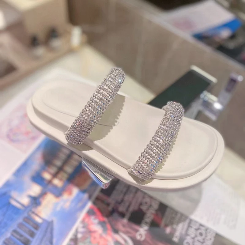 

Summer Modern Slippers Female Artificial Diamonds Decoration Luxury Genuine Cowhide Lather Flat Heels Comfortable And Fashion in