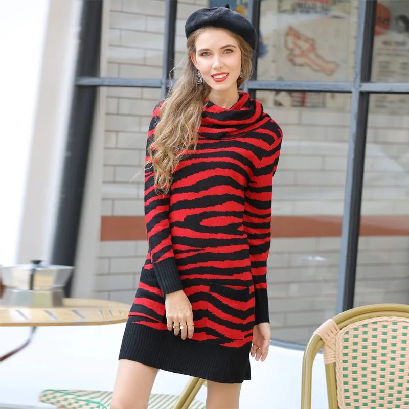 

2020 autumn and winter high neck mid-length sweater women European and American women's striped mid-length knitted dress