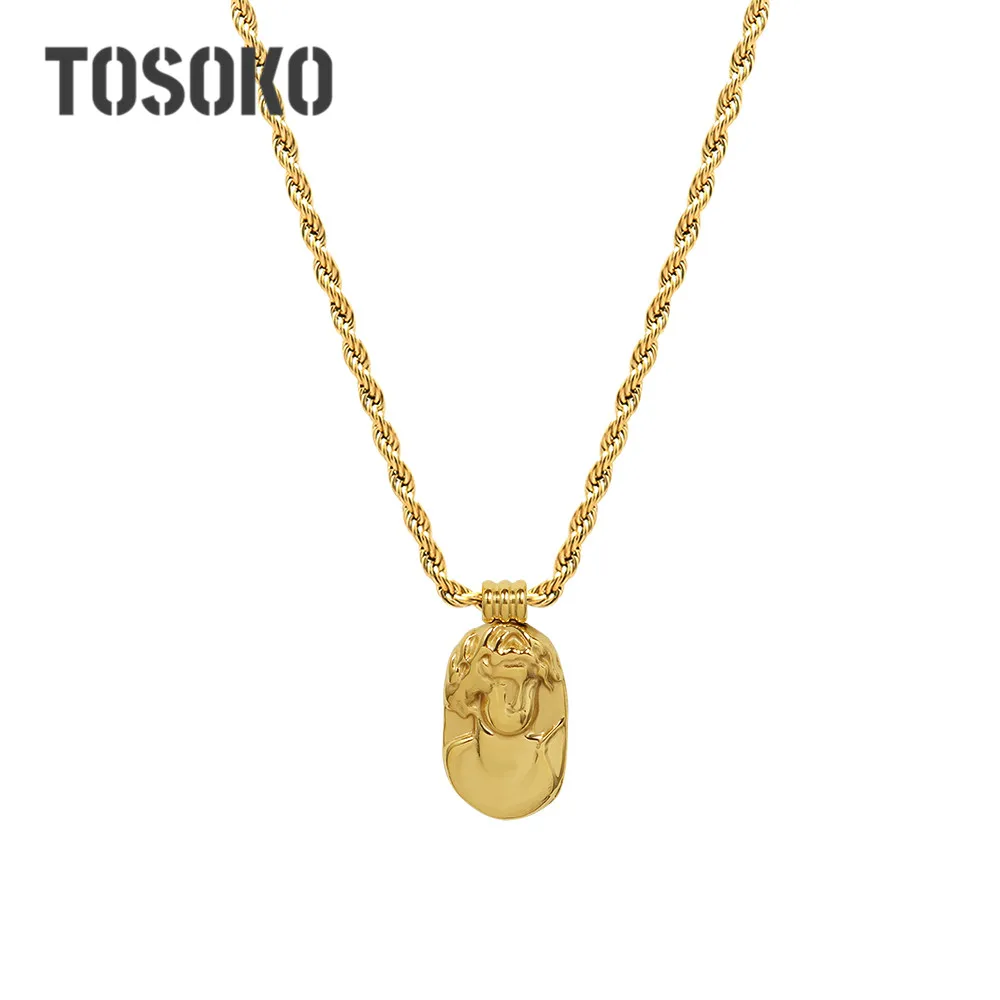 

TOSOKO Stainless Steel Jewelry Oval Brand Portrait Pendant Necklace Medium Length Necklace Women's Sweater Chain BSP1055