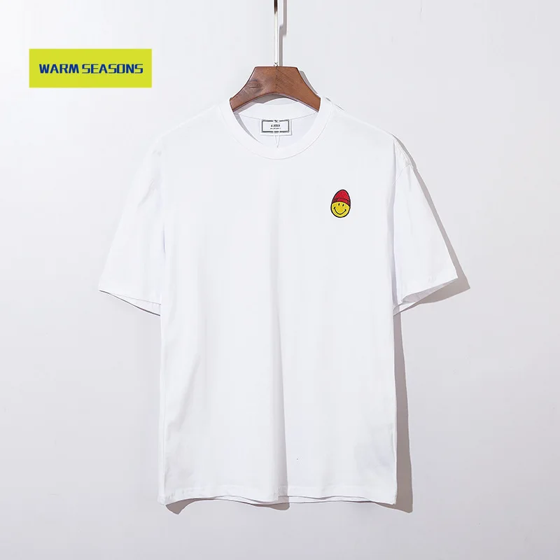 

French Style Summer Spring New Smiley Face Egg Waffle Embroidered round Neck Men's and Women's Fashion Short-Sleeved T-shirt